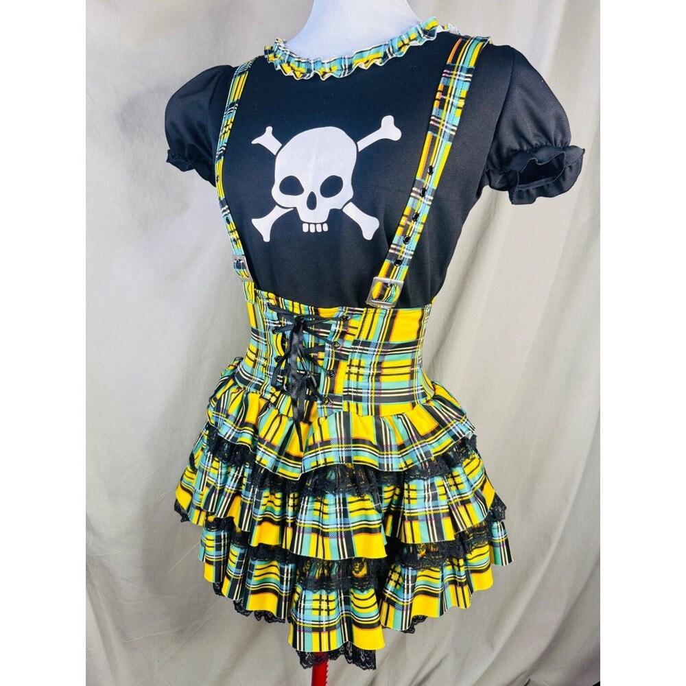 RARE Leg Avenue 2pc Set Monster High Goth Lolita Yellow Plaid Corset Skirt s/m